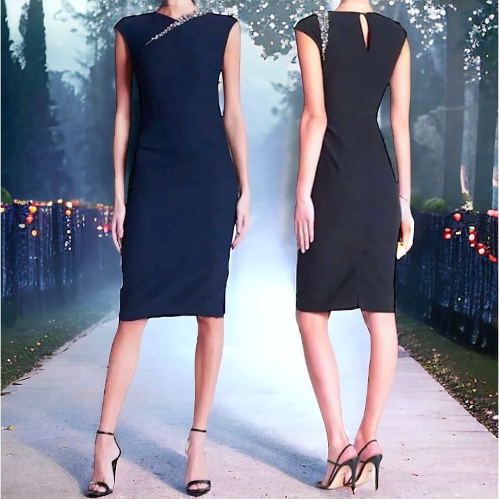 $159 London Dress Embellished Neck Bodycon Sheath 10 Large Black Jewel Shoulder